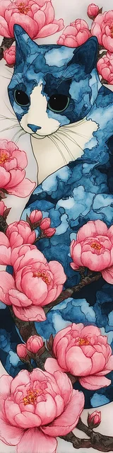 Cat bookmarks illustration of a blue cat in pink flowers